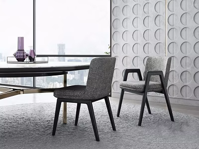 Modern Dining Table Set With Grey Upholstered Chairs Black Legs And Textured Wall Interior 3d model