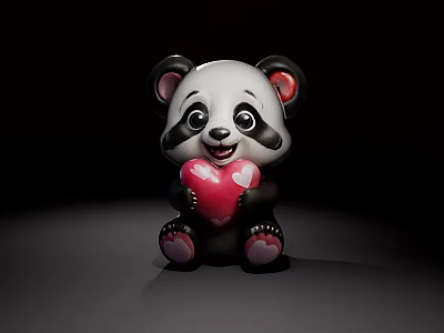 Cute Black And White Panda Doll Holding Red Heart With Pink Ears 3d model