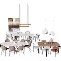 Modern Dining Table Set with Round and Rectangular Tables and Matching Chairs and Pendant Lights 3d model