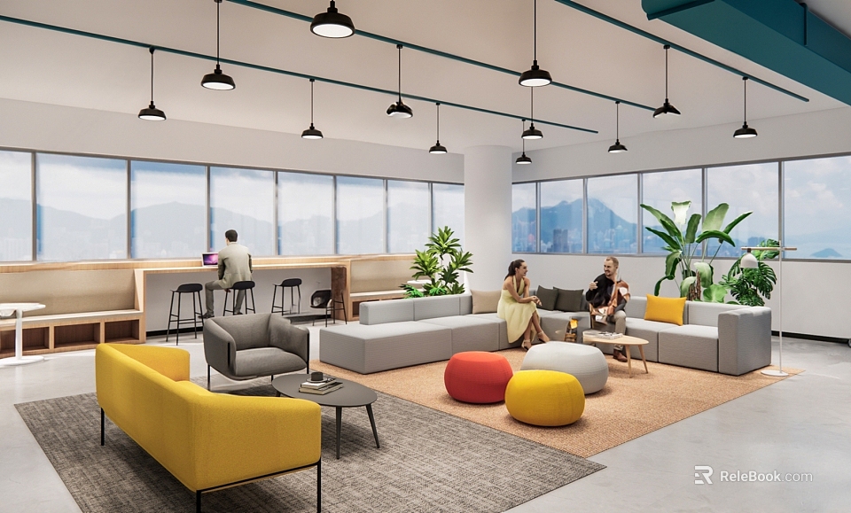 Spacious Casual Lounge Area With Comfortable Sofa Yellow Chairs Round Ottomans And Large Windows 3d model 