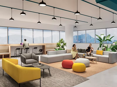 Spacious Casual Lounge Area With Comfortable Sofa Yellow Chairs Round Ottomans And Large Windows 3d model