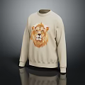 Beige Crew Neck Sweater Featuring Realistic Lion Head Graphic Casual Fashion Apparel
