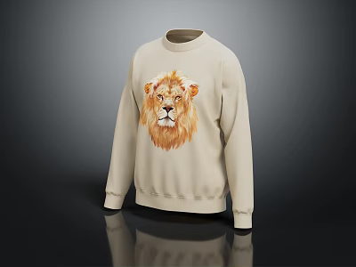 Beige Crew Neck Sweater Featuring Realistic Lion Head Graphic Casual Fashion Apparel 3d model