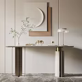 Minimalist Console Table Interior With Round Mirror Green Plant Table Lamp And Decor Items