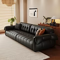 Modern Living Room Interior With Black Leather Sofa Window Blinds Decorative Painting And Green Plant