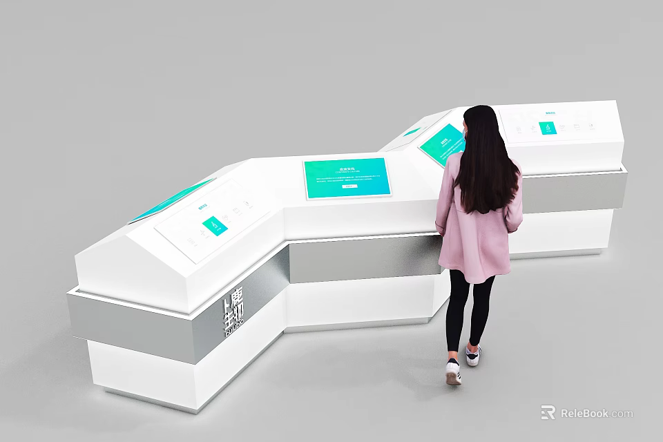 Modern Exhibition Counter With Digital Screens And Woman Interacting For Information 3d model 