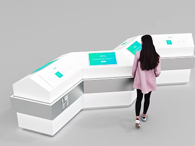 Modern Exhibition Counter With Digital Screens And Woman Interacting For Information 3d model