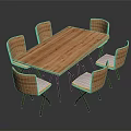 Modern Wooden Rectangular Dining Table Set with Six Chairs Light Colored Cushions and Black Legs 3d model