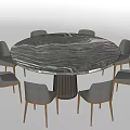 Modern Round Marble Dining Table Set With Six Gray Chairs Wooden Legs 3d model