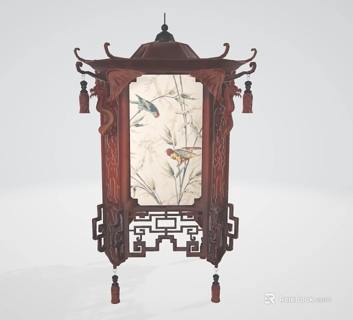 Traditional Chinese Candle Lamp With Wooden Frame Floral Bird Design And Tassel Decoration 3d model 
