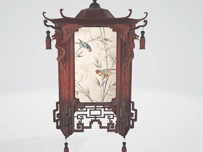 Traditional Chinese Candle Lamp With Wooden Frame Floral Bird Design And Tassel Decoration 3d model