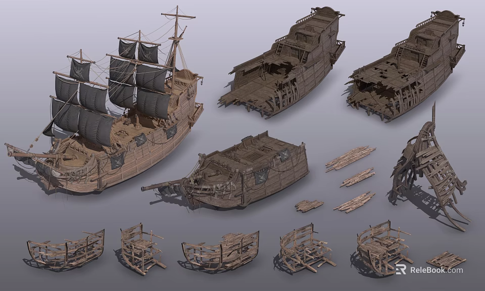 Vintage Wooden Ship Models Featuring Sailing Vessel Wrecks Frames And Small Boats 3d model 