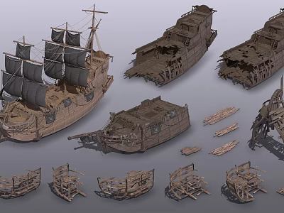 Vintage Wooden Ship Models Featuring Sailing Vessel Wrecks Frames And Small Boats 3d model