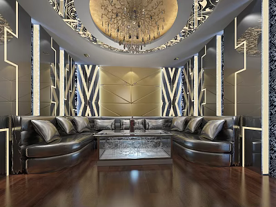 KTV Lounge Interior Design With Luxurious Leather Sofa Modern Chandelier Lighting And Elegant Decorative Walls 3d model
