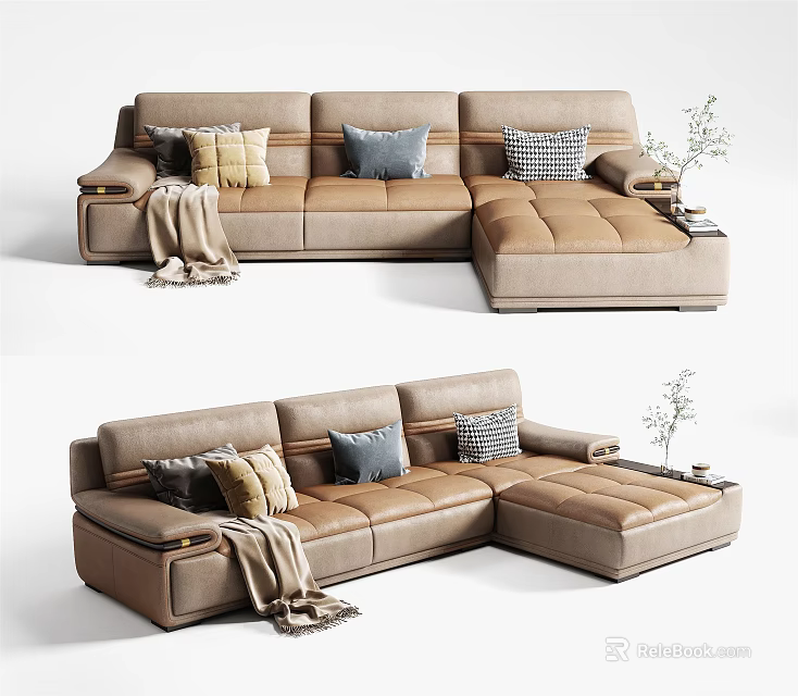 Tan Leather Sectional Sofa With Decorative Pillows Throw Blanket And Side Table Plant 3d model