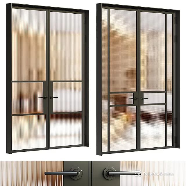 Modern Black Frame Double Doors Featuring Vertical Striped Glass for Home Interior 3d model 