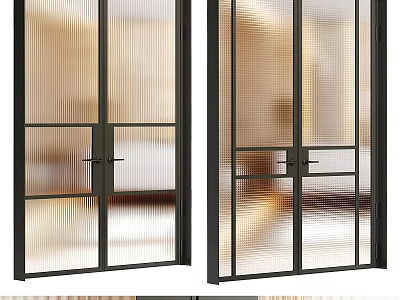 Modern Black Frame Double Doors Featuring Vertical Striped Glass for Home Interior 3d model