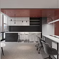 Modern Public Office Space Featuring Display Wall Seating Bench And Glass Shelves 3d model