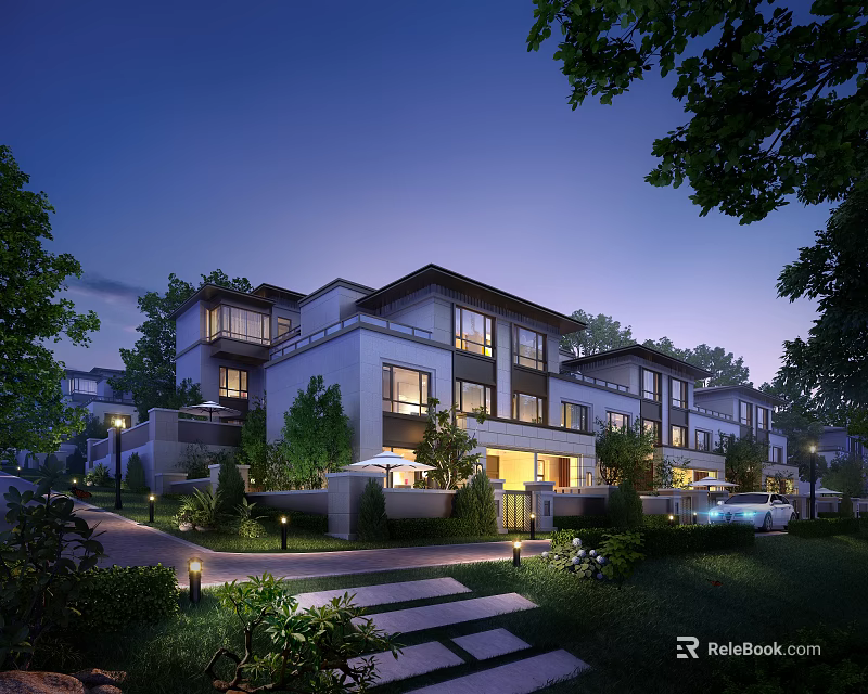Modern Townhouse Exterior Evening View With Lush Trees Greenery And Illuminated Windows Driveway Steps 3d model 