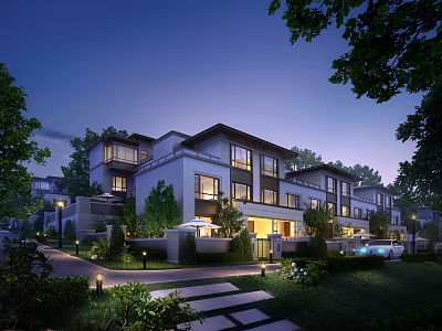 Modern Townhouse Exterior Evening View With Lush Trees Greenery And Illuminated Windows Driveway Steps 3d model