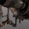 Steampunk Mechanical Weapon With Spiked Protrusions Red Cylinder And Metal Pipes