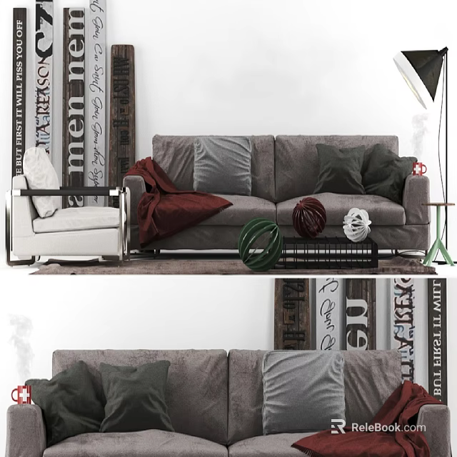 Gray Sofa and Coffee Table Set with Decorative Pillows Throw Blanket in Modern Living Room 3d model 