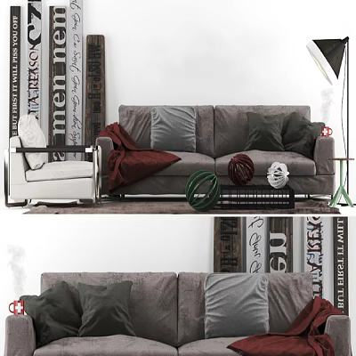 Gray Sofa and Coffee Table Set with Decorative Pillows Throw Blanket in Modern Living Room 3d model