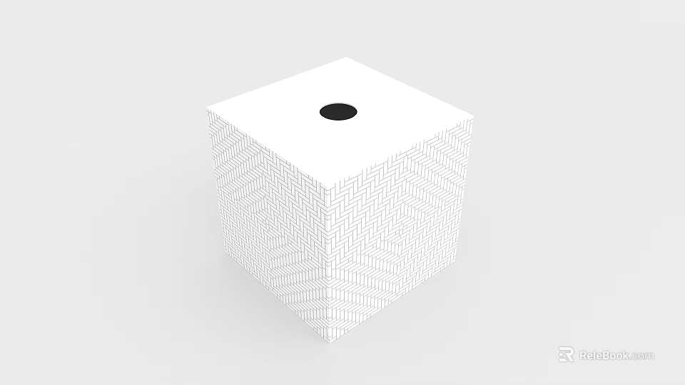 Minimalist White Cube Decorative Object With Geometric Line Pattern And Black Circular Hole On Top 3d model 