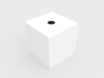 Minimalist White Cube Decorative Object With Geometric Line Pattern And Black Circular Hole On Top 3d model
