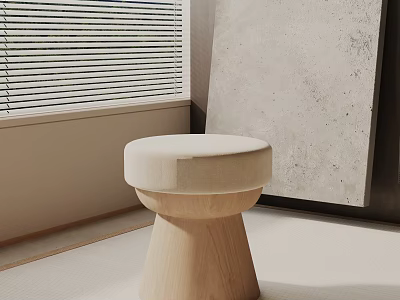 Minimalist Round Side Table With Beige Padded Top And Wooden Base 3d model