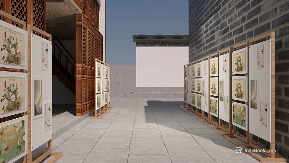 Outdoor Photo Wall With Wooden Display Racks And Artworks In Courtyard With Gray Stone Pavement 3d model 