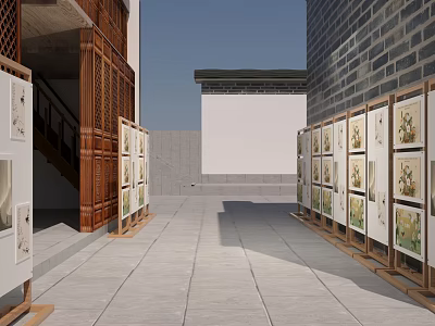 Outdoor Photo Wall With Wooden Display Racks And Artworks In Courtyard With Gray Stone Pavement 3d model