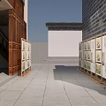 Outdoor Photo Wall With Wooden Display Racks And Artworks In Courtyard With Gray Stone Pavement