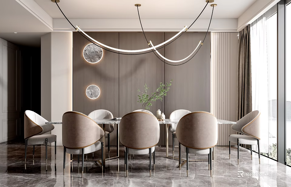 Elegant Modern Dining Table Set with Round Table Beige Chairs Marble Floor Pendant Light Mirror 3d model