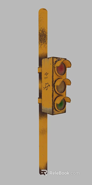 Yellow Outdoor Traffic Light With Graffiti And Red Green Lights On Weathered Pole 3d model 