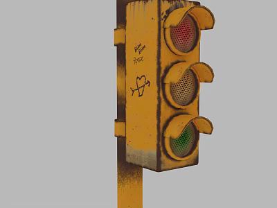 Yellow Outdoor Traffic Light With Graffiti And Red Green Lights On Weathered Pole 3d model