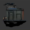 Floating Island Scene With Dilapidated Structure Glowing Blue Door Pipes Small Figure And Green Plants