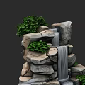 Natural Rockery Stones with Flowing Waterfall and Lush Green Plants