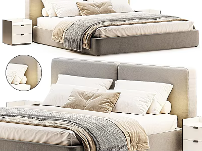 Sleek Double Bed With Grey Headboard Plush Pillows Striped Blanket And White Nightstand 3d model