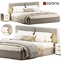 Sleek Double Bed With Grey Headboard Plush Pillows Striped Blanket And White Nightstand