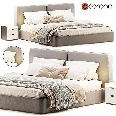 Sleek Double Bed With Grey Headboard Plush Pillows Striped Blanket And White Nightstand 3d model