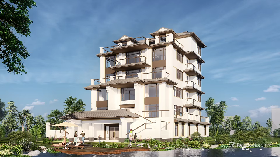 Luxury Residential Building With Modern Traditional Design Greenery And Outdoor Leisure Area 3d model 