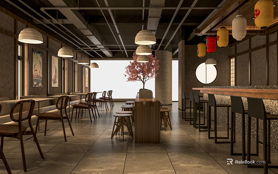 Modern Restaurant Interior Design With Red Tree Long Tables Bar Counter And Chairs 3d model 