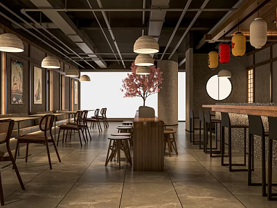 Modern Restaurant Interior Design With Red Tree Long Tables Bar Counter And Chairs 3d model