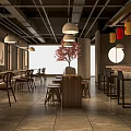Modern Restaurant Interior Design With Red Tree Long Tables Bar Counter And Chairs