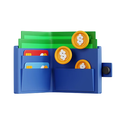 Decorative Ornament Set Featuring Blue Wallet Green Banknotes Cards And Dollar Coins 3d model
