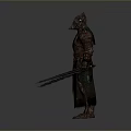 Man In Medieval Armor Holding Two Swords Standing Against Gray Background
