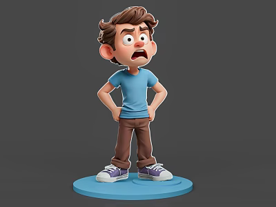Cartoon Boy with Surprised Expression Blue T shirt Brown Pants Purple Shoes on Blue Base 3d model