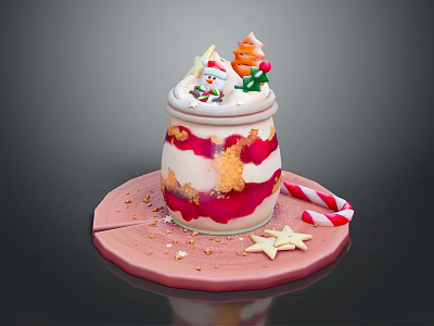 Christmas Themed Layered Dessert Jar With Cream Red Sauce Snowman Tree Decorations On Pink Tray 3d model