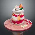 Christmas Themed Layered Dessert Jar With Cream Red Sauce Snowman Tree Decorations On Pink Tray